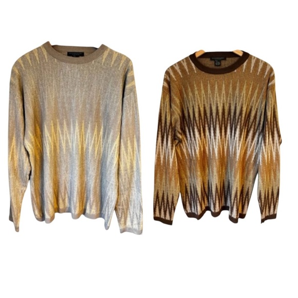 Domani Platinum Men’s Tan Fair Isle Pattern Silk Blend Sweaters- Set Of 2- Sz L - Picture 1 of 12